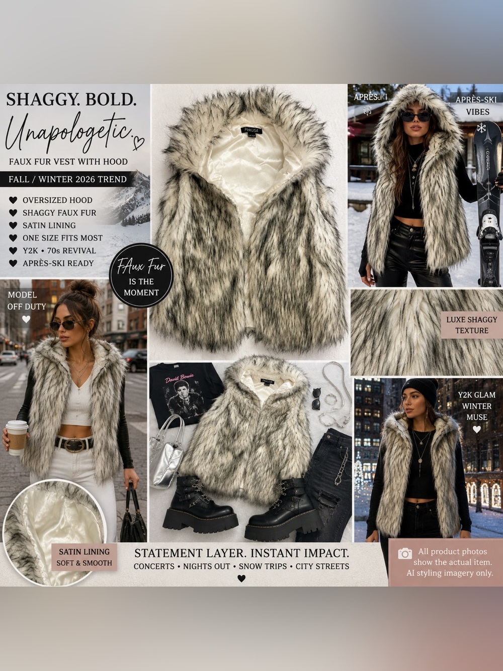 PinkUSA Hooded Faux Fur Vest One Size Shaggy Ivory Black Après Ski Y2K Winter